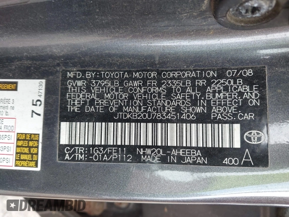 2008 Toyota Prius z VIN JTDKB20U783451406, wystawiony jako IAAI lot #42377114 z przebiegiem 325 465 mil mil oraz . Historia ofert i sprzedaży dostępna na DreamBid. Obrazek 9.