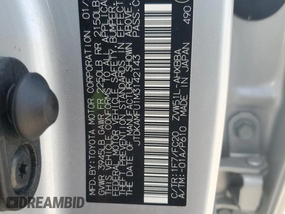 2021 Toyota Prius L Eco with VIN JTDKAMFU1M3142143, listed as a Copart auction lot 55662845 with 96,422 mi miles and Salvage Title. Bid and sale history available at DreamBid. Image 12.