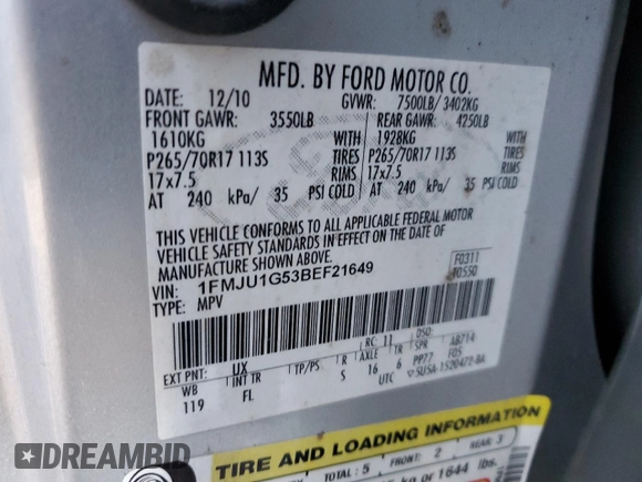 2011 Ford Expedition XL z VIN 1FMJU1G53BEF21649, wystawiony jako Copart lot #84542364 z przebiegiem 175 320 mil mil oraz Szkoda całkowita • Salvage title. Historia ofert i sprzedaży dostępna na DreamBid. Obrazek 15.