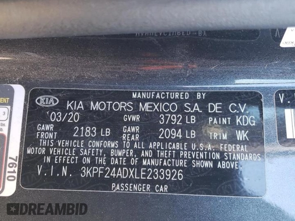 2020 Kia Forte LXS with VIN 3KPF24ADXLE233926, listed as a Copart auction lot 45595415 with 59,631 mi miles and Salvage Title. Bid and sale history available at carsss.com. Image 14.
