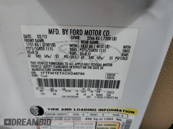 2012 Ford F-150 XL with VIN 1FTFW1ETXCKD48799, listed as a Copart auction lot 53849915 with 134,220 mi miles and Salvage Title. Bid and sale history available at DreamBid. Image 12.