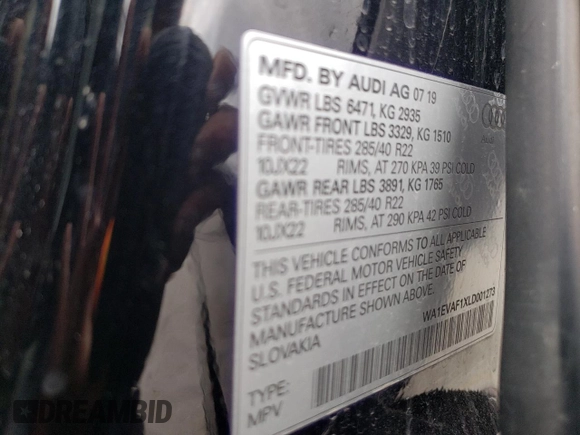 2020 Audi Q8 Premium Plus with VIN WA1EVAF1XLD001273, listed as a Copart auction lot 84743164 with 78,025 mi miles and Salvage title. Bid and sale history available at DreamBid. Image 13.