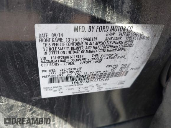 2015 Ford Taurus Limited с VIN 1FAHP2J88FG118169, выставлен на аукционе IAAI как лот 42531731 с пробегом 194 736 миль миль и . История ставок и продаж доступна на DreamBid. Изображение 9.