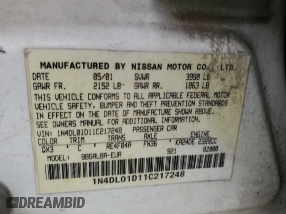 2001 Nissan Altima GXE with VIN 1N4DL01D11C217248, listed as a Copart auction lot 44970815 with 148,005 mi miles and Salvage Title. Bid and sale history available at carsss.com. Image 12.