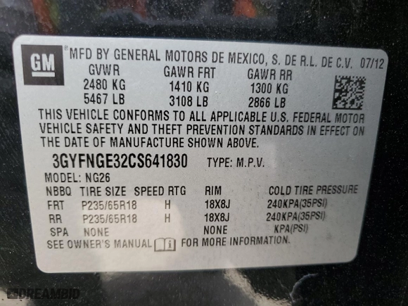 2012 Cadillac SRX with VIN 3GYFNGE32CS641830, listed as a Copart auction lot 59059354 with 129,857 mi miles and Salvage Title. Bid and sale history available at carsss.com. Image 12.