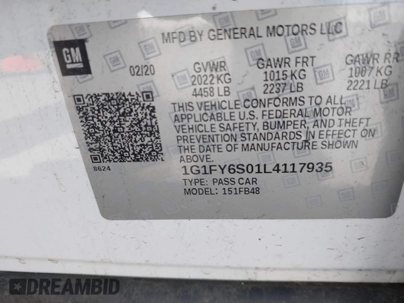 2020 Chevrolet Bolt EV LT with VIN 1G1FY6S01L4117935, listed as a IAAI auction lot 42381674 with 155,989 mi miles and . Bid and sale history available at DreamBid. Image 9.