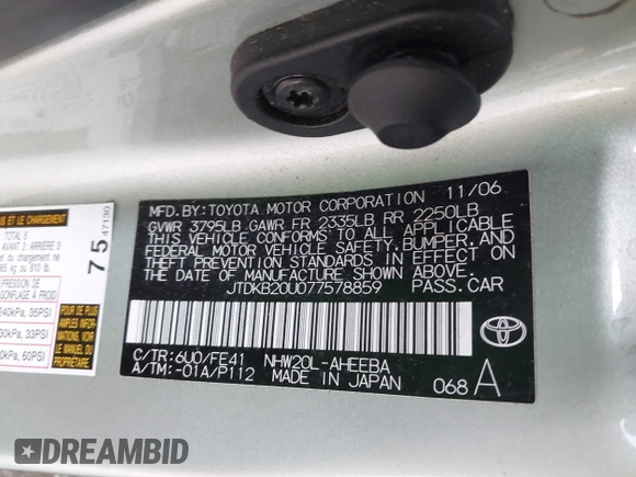2007 Toyota Prius with VIN JTDKB20U077578859, listed as a IAAI auction lot 41985697 with 185,897 mi miles and . Bid and sale history available at DreamBid. Image 9.