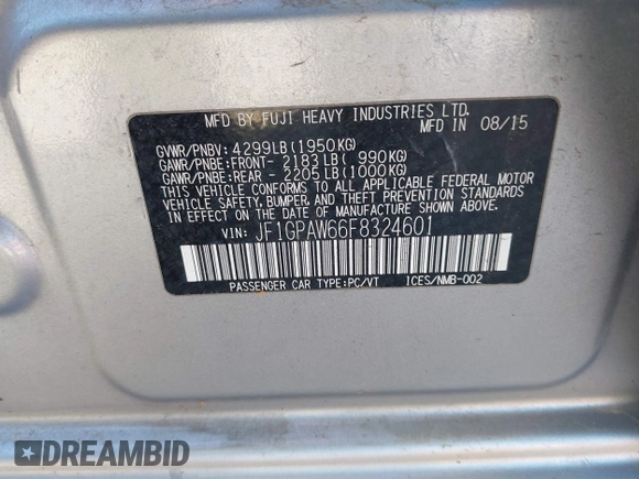 2015 Subaru Impreza Special Sports Limited с VIN JF1GPAW66F8324601, выставлен на аукционе IAAI как лот 42026200 с пробегом 97 673 миль миль и . История ставок и продаж доступна на DreamBid. Изображение 9.
