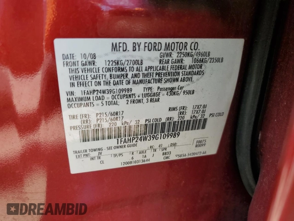 2009 Ford Taurus SEL with VIN 1FAHP24W39G109989, listed as a Copart auction lot 52167345 with 172,027 mi miles and Salvage Title. Bid and sale history available at carsss.com. Image 12.