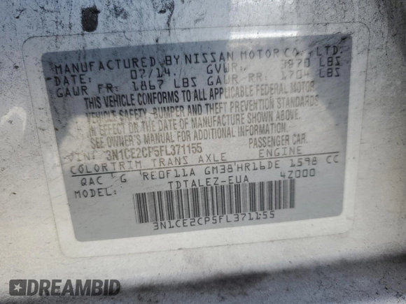 2015 Nissan Note SL z VIN 3N1CE2CP5FL371155, wystawiony jako Copart lot #53691815 z przebiegiem 150 471 mil mil oraz Szkoda całkowita • Salvage title. Historia ofert i sprzedaży dostępna na DreamBid. Obrazek 15.
