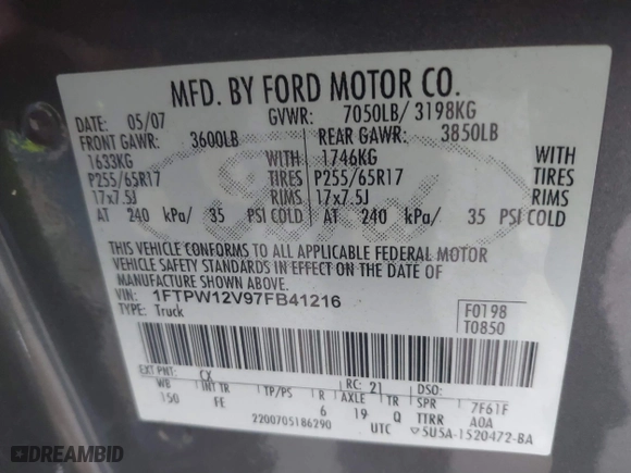 2007 Ford F-150 XLT with VIN 1FTPW12V97FB41216, listed as a IAAI auction lot 41754015 with 248,938 mi miles. Bid and sale history available at carsss.com. Image 9.