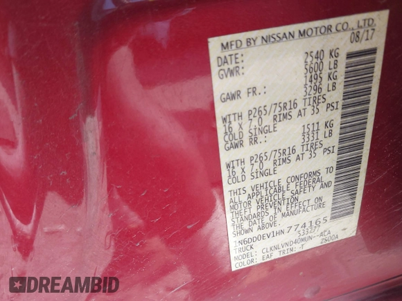 2017 Nissan Frontier Pro-4X z VIN 1N6DD0EV1HN774165, wystawiony jako IAAI lot #41783448 z przebiegiem 148 876 mil mil oraz . Historia ofert i sprzedaży dostępna na DreamBid. Obrazek 9.