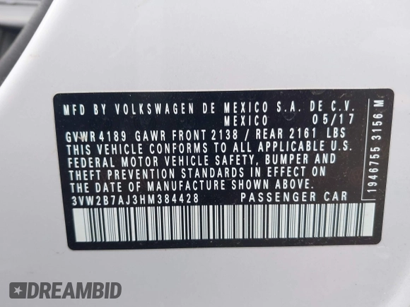 2017 Volkswagen Jetta S с VIN 3VW2B7AJ3HM384428, выставлен на аукционе IAAI как лот 41942676 с пробегом 57 167 миль миль и . История ставок и продаж доступна на DreamBid. Изображение 9.