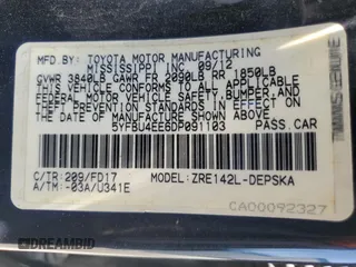 2013 Toyota Corolla L with VIN 5YFBU4EE6DP091103, listed as a Copart auction lot 56421815 with 250,433 mi miles and Salvage title. Bid and sale history available at DreamBid. Image 12.