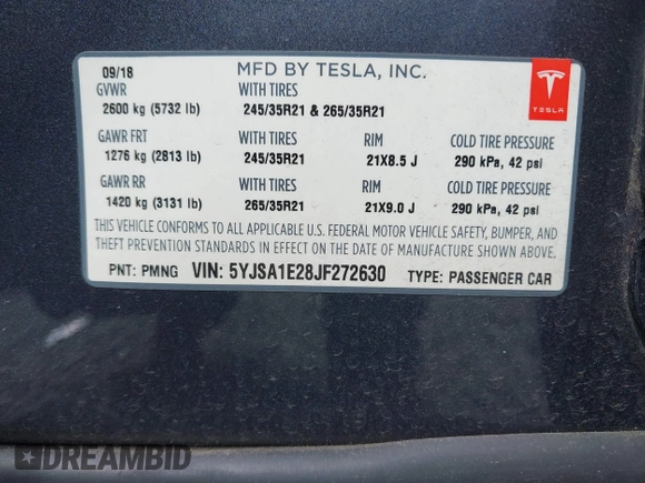 2018 Tesla Model S 75D z VIN 5YJSA1E28JF272630, wystawiony jako IAAI lot #42317422 z przebiegiem Nie podano mil oraz . Historia ofert i sprzedaży dostępna na DreamBid. Obrazek 9.