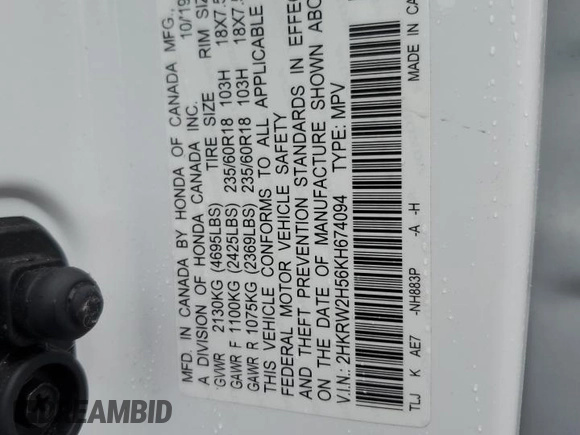 2019 Honda CR-V EX with VIN 2HKRW2H56KH674094, listed as a Copart auction lot 85213974 with Not Provided miles and Salvage Title. Bid and sale history available at DreamBid. Image 14.