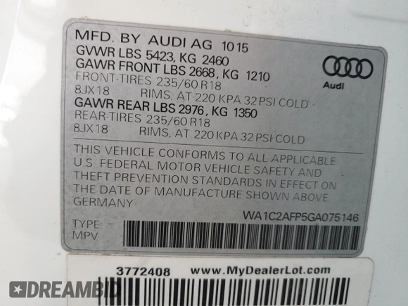 2016 Audi Q5 Premium with VIN WA1C2AFP5GA075146, listed as a Copart auction lot 55075805 with 67,622 mi miles and Salvage title. Bid and sale history available at DreamBid. Image 12.