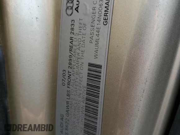 2004 Audi A8 with VIN WAUML44E14N006398, listed as a Copart auction lot 64504114 with Not provided miles and Non repairable. Bid and sale history available at DreamBid. Image 12.