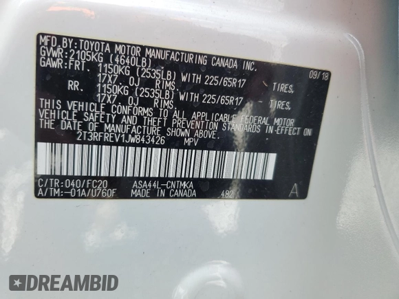 2018 Toyota RAV4 XLE with VIN 2T3RFREV1JW843426, listed as a Copart auction lot 52283125 with 12,809 mi miles and Salvage Title. Bid and sale history available at DreamBid. Image 15.