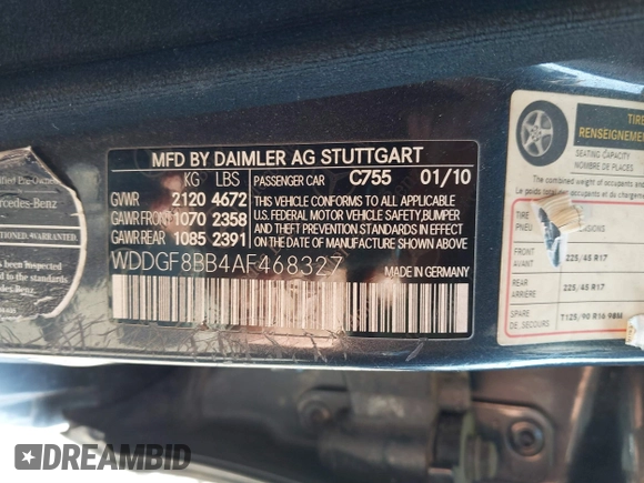 2010 Mercedes-Benz C 300 Sport z VIN WDDGF8BB4AF468327, wystawiony jako IAAI lot #41793361 z przebiegiem 171 346 mil mil oraz . Historia ofert i sprzedaży dostępna na DreamBid. Obrazek 9.