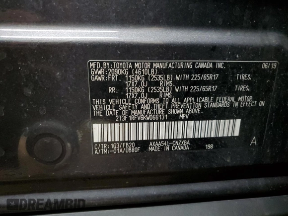 2019 Toyota RAV4 LE with VIN 2T3F1RFV6KW066131, listed as a Copart auction lot 49334365 with 112,002 mi miles and Salvage Title. Bid and sale history available at DreamBid. Image 14.