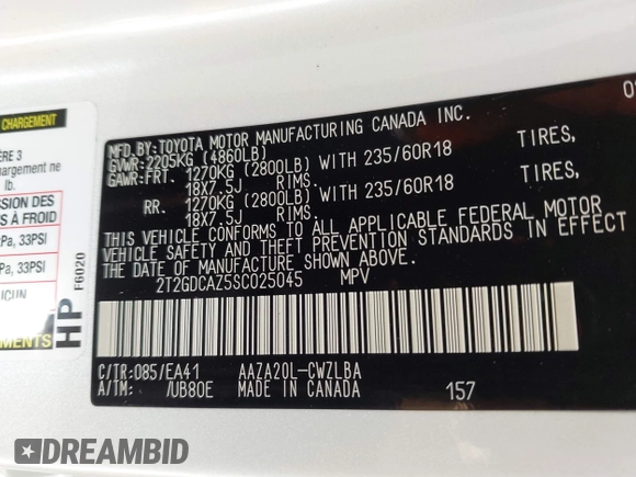 2025 Lexus NX 250 Premium with VIN 2T2GDCAZ5SC025045, listed as a IAAI auction lot 42577944 with Not provided miles and . Bid and sale history available at DreamBid. Image 9.