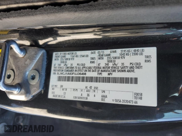 2015 Lincoln MKC with VIN 5LMCJ1A93FUJ36498, listed as a Copart auction lot 87825565 with 222,477 mi miles and Salvage Title. Bid and sale history available at DreamBid. Image 15.