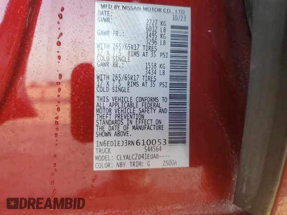 2024 Nissan Frontier SV с VIN 1N6ED1EJ3RN610053, выставлен на аукционе Copart как лот 54403625 с пробегом 23 601 миль миль и Списание • Salvage title. История ставок и продаж доступна на DreamBid. Изображение 12.