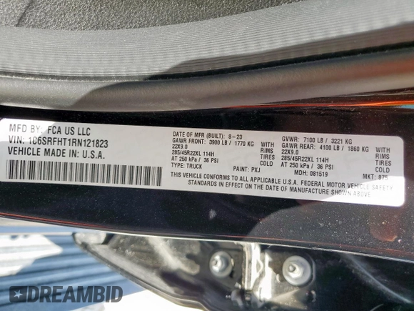 2024 Ram 1500 Limited с VIN 1C6SRFHT1RN121823, выставлен на аукционе Copart как лот 56054405 с пробегом 27 229 миль миль и Списание • Salvage title. История ставок и продаж доступна на DreamBid. Изображение 12.