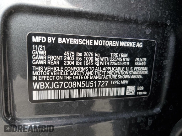 2022 BMW X1 sDrive28i with VIN WBXJG7C08N5U51727, listed as a Copart auction lot 42149105 with 19,240 mi miles and Salvage Title. Bid and sale history available at carsss.com. Image 16.