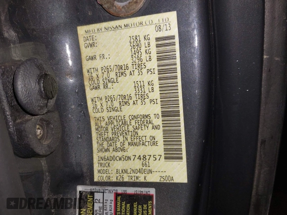 2013 Nissan Frontier SV z VIN 1N6AD0CW5DN748757, wystawiony jako IAAI lot #41629095 z przebiegiem 138 322 mil mil oraz . Historia ofert i sprzedaży dostępna na DreamBid. Obrazek 9.