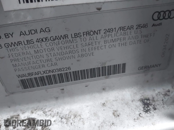 2013 Audi A4 Premium with VIN WAUBFAFLXDN038226, listed as a IAAI auction lot 41509848 with 156,969 mi miles and . Bid and sale history available at DreamBid. Image 9.