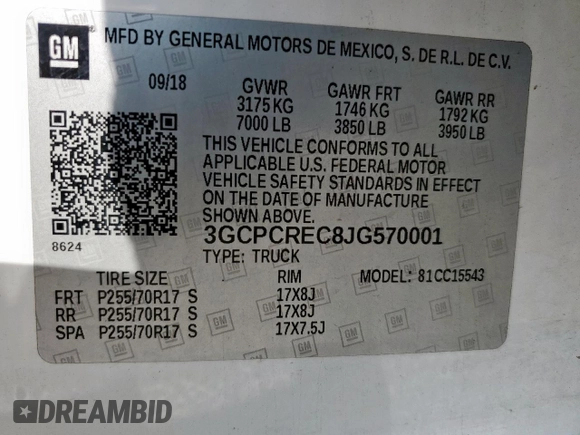 2018 Chevrolet Silverado 1500 LT with VIN 3GCPCREC8JG570001, listed as a Copart auction lot 54190465 with 96,813 mi miles and Salvage Title. Bid and sale history available at DreamBid. Image 12.