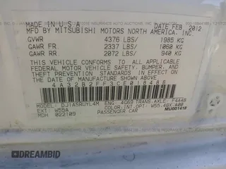 2012 Mitsubishi Galant FE with VIN 4A32B2FF3CE018488, listed as a IAAI auction lot 18844186 with 63,259 mi miles. Bid and sale history available at carsss.com. Image 9.