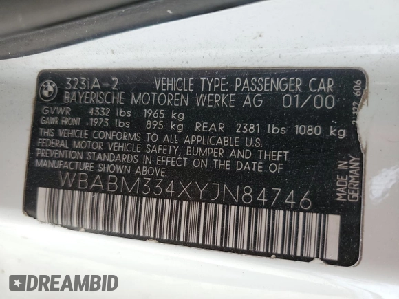 2000 BMW 3 Series 323Ci with VIN WBABM334XYJN84746, listed as a Copart auction lot 74561214 with 176,535 mi miles and Salvage Title. Bid and sale history available at DreamBid. Image 14.