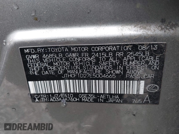 2014 Lexus IS 250 with VIN JTHCF1D27E5004665, listed as a IAAI auction lot 41929412 with 77,402 mi miles and . Bid and sale history available at DreamBid. Image 9.