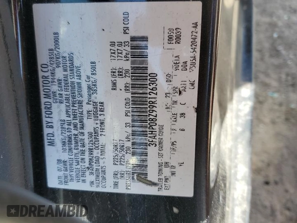 2009 Ford Fusion SEL with VIN 3FAHP08Z99R126300, listed as a Copart auction lot 49720275 with 0 mi miles and Non Repairable. Bid and sale history available at carsss.com. Image 12.