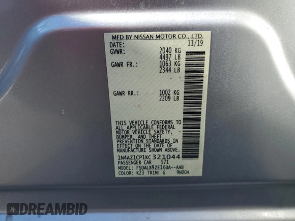 2019 Nissan LEAF SV z VIN 1N4AZ1CP1KC321044, wystawiony jako Copart lot #41230633 z przebiegiem 41 668 mil mil oraz . Historia ofert i sprzedaży dostępna na DreamBid. Obrazek 12.