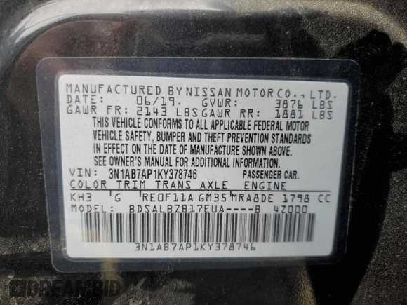 2019 Nissan Sentra S with VIN 3N1AB7AP1KY378746, listed as a Copart auction lot 47758245 with 103,051 mi miles and Salvage Title. Bid and sale history available at carsss.com. Image 12.
