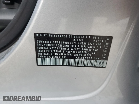 2014 Volkswagen Jetta GLI Edition 30 with VIN 3VW4S7AJ3EM261667, listed as a Copart auction lot 51170615 with 37,039 mi miles and Clean title. Bid and sale history available at DreamBid. Image 12.
