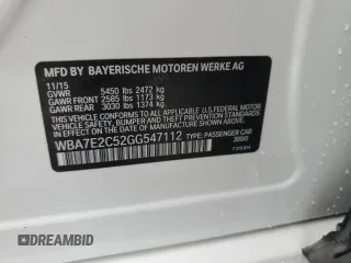 2016 BMW 7 Series 740i with VIN WBA7E2C52GG547112, listed as a Copart auction lot 63069355 with 76,867 mi miles and Salvage title. Bid and sale history available at DreamBid. Image 12.