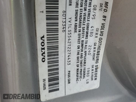 1996 Volvo S70 с VIN YV1LS5542T2274433, выставлен на аукционе Copart как лот 41997065 с пробегом 88 757 миль миль и Списание • Salvage title. История ставок и продаж доступна на DreamBid. Изображение 12.