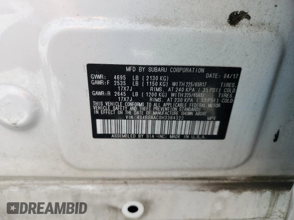 2017 Subaru Outback with VIN 4S4BSAAC0H3384322, listed as a Copart auction lot 57668885 with 74,215 mi miles and Salvage title. Bid and sale history available at DreamBid. Image 13.