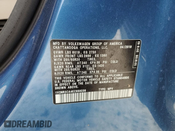 2019 Volkswagen Atlas SEL Premium z VIN 1V2NR2CA4KC559238, wystawiony jako Copart lot #58257085 z przebiegiem 178 647 mil mil oraz Tytuł czysty. Historia ofert i sprzedaży dostępna na DreamBid. Obrazek 13.