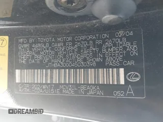 2004 Lexus ES 350 with VIN JTHBA30G045030398, listed as a IAAI auction lot 41683004 with 219,040 mi miles and . Bid and sale history available at DreamBid. Image 9.