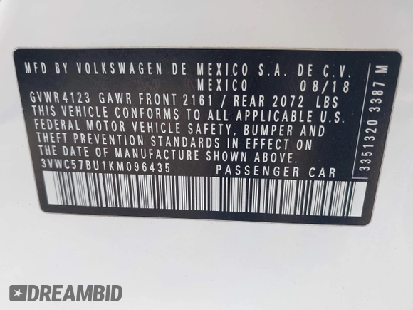 2019 Volkswagen Jetta S with VIN 3VWC57BU1KM096435, listed as a IAAI auction lot 42387913 with 78,511 mi miles and . Bid and sale history available at DreamBid. Image 9.