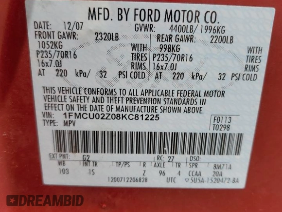 2008 Ford Escape XLS with VIN 1FMCU02Z08KC81225, listed as a Copart auction lot 59711755 with 201,951 mi miles and Salvage title. Bid and sale history available at DreamBid. Image 13.