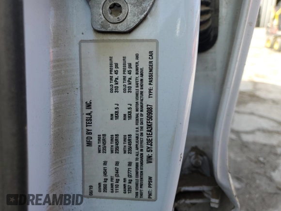 2019 Tesla Model 3 Mid Range with VIN 5YJ3E1EA3KF509087, listed as a Copart auction lot 46364865 with Not Provided miles and Salvage Title. Bid and sale history available at DreamBid. Image 13.