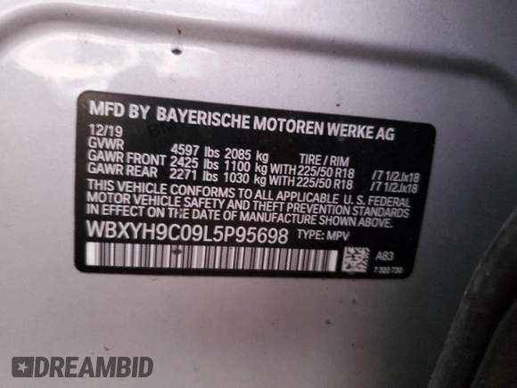 2020 BMW X2 sDrive28i with VIN WBXYH9C09L5P95698, listed as a Copart auction lot 87486094 with 45,319 mi miles and Salvage Title. Bid and sale history available at carsss.com. Image 13.