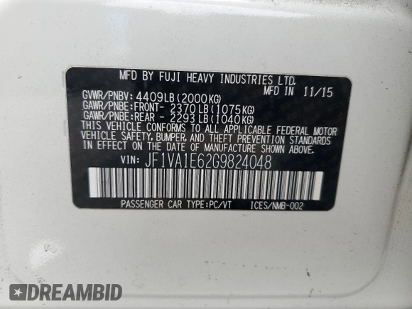 2016 Subaru WRX Premium with VIN JF1VA1E62G9824048, listed as a Copart auction lot 85634094 with 118,180 mi miles and Salvage Title. Bid and sale history available at carsss.com. Image 14.